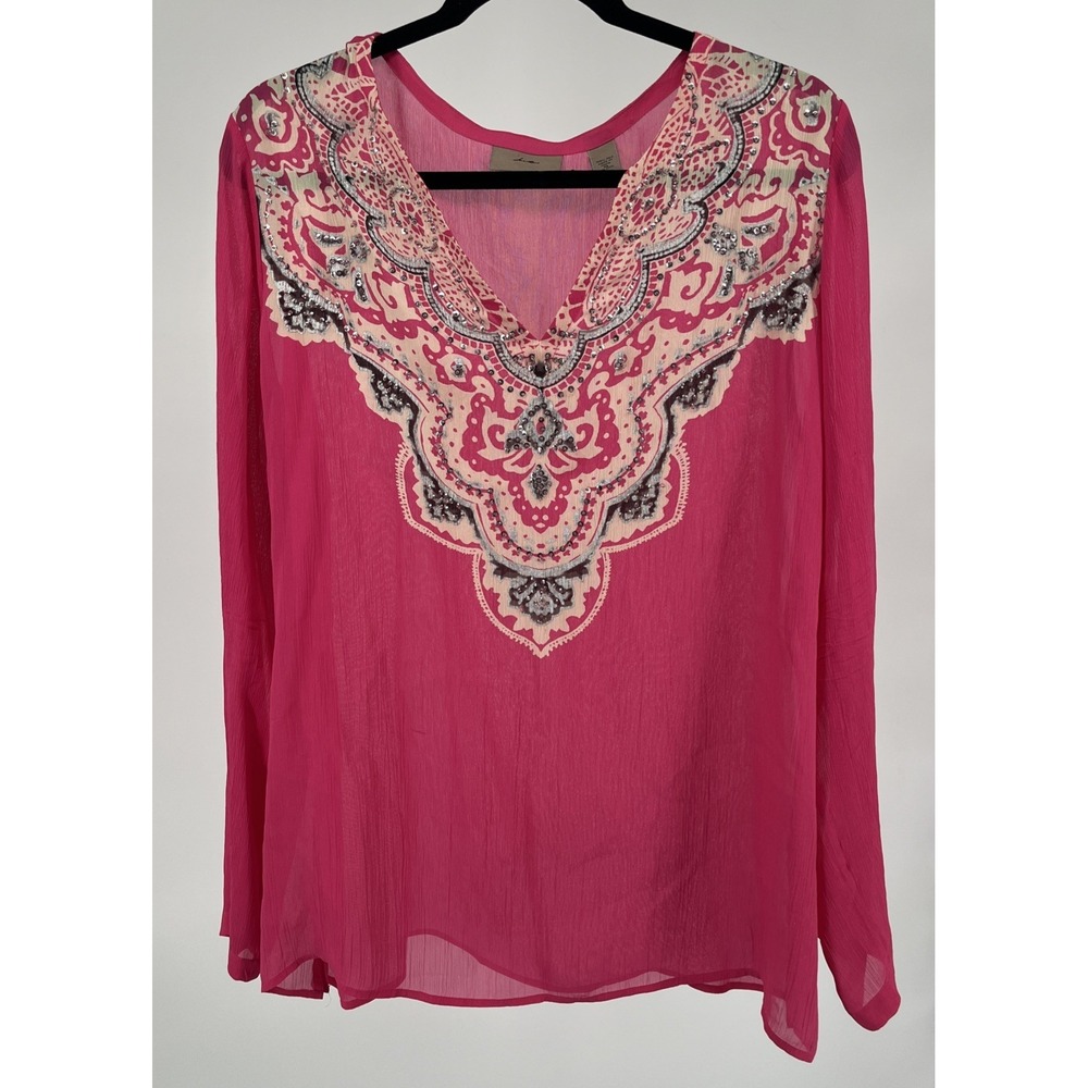 i.e. Womens Silk Blouse Embellished Sparkly Beads Pink Sheer Boho Chic Resort XL